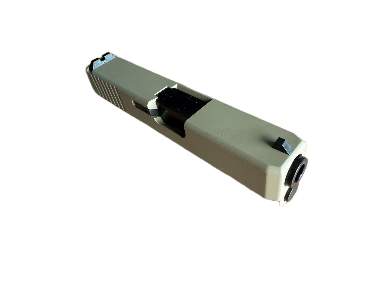 Assembled FDE slide nitride barrel for Glock 26 with polymer sights close-up